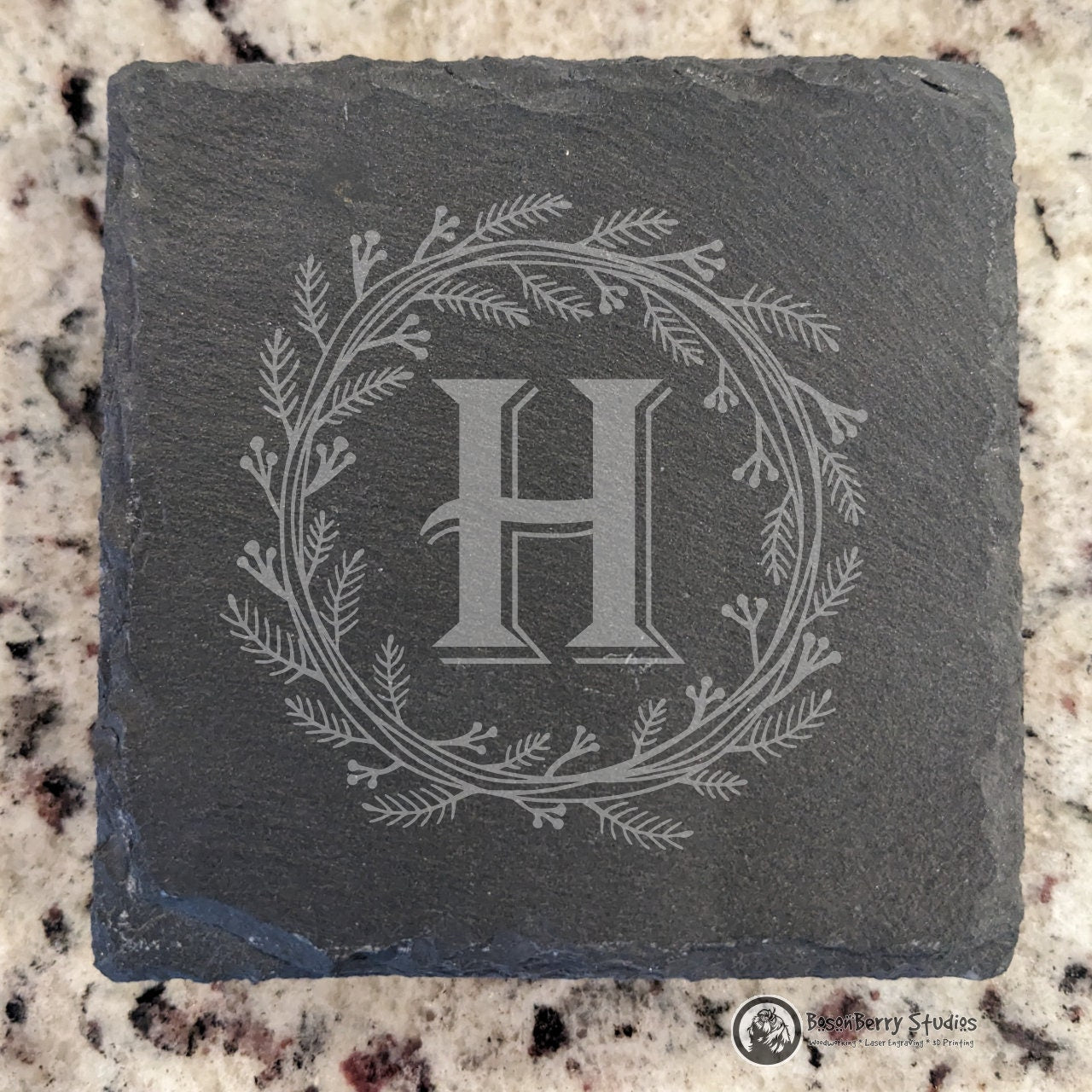 Herb Wreath Monogram 4 Pack Slate Coasters