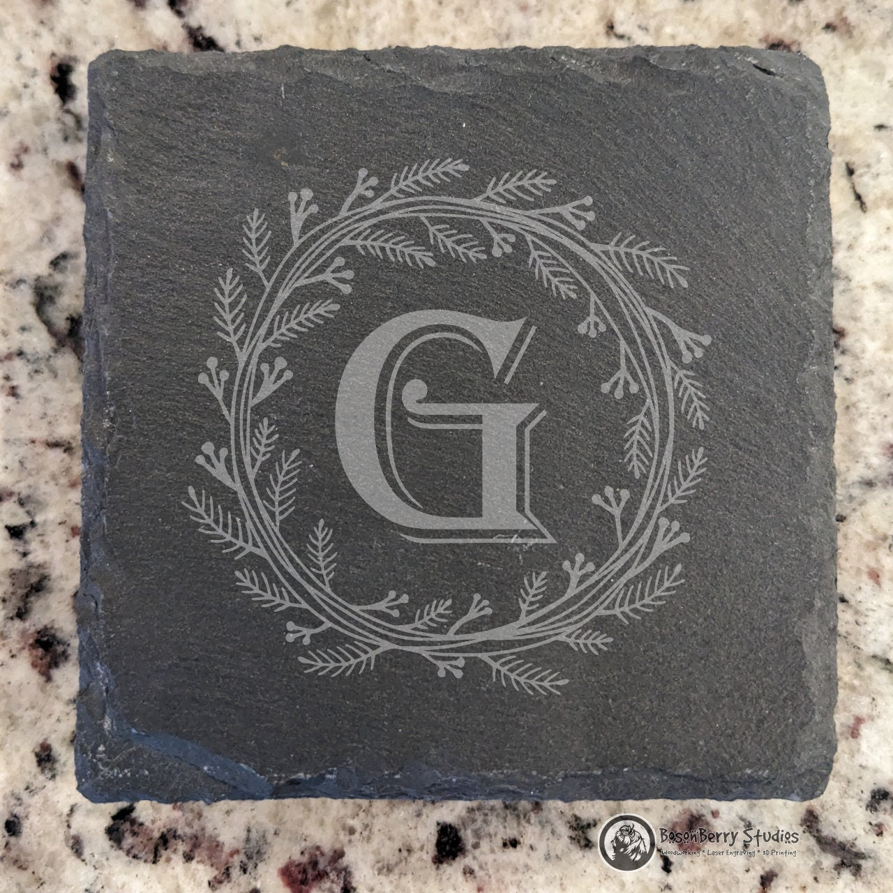 Herb Wreath Monogram 4 Pack Slate Coasters