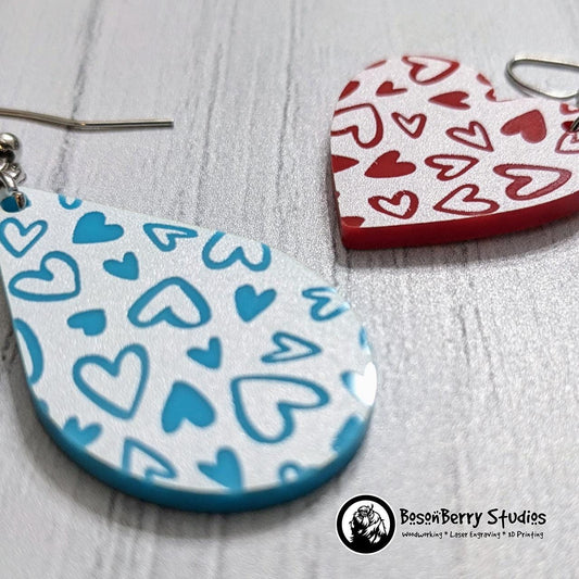 Colored Heart Acrylic Earrings in Red or Teal