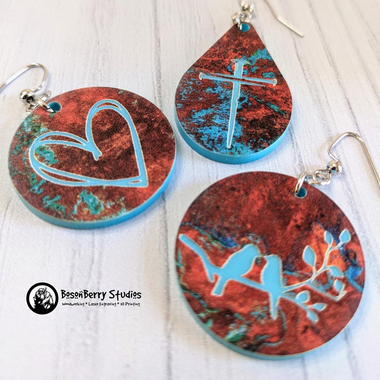 Copper on Turquoise Patterned Acrylic Earrings