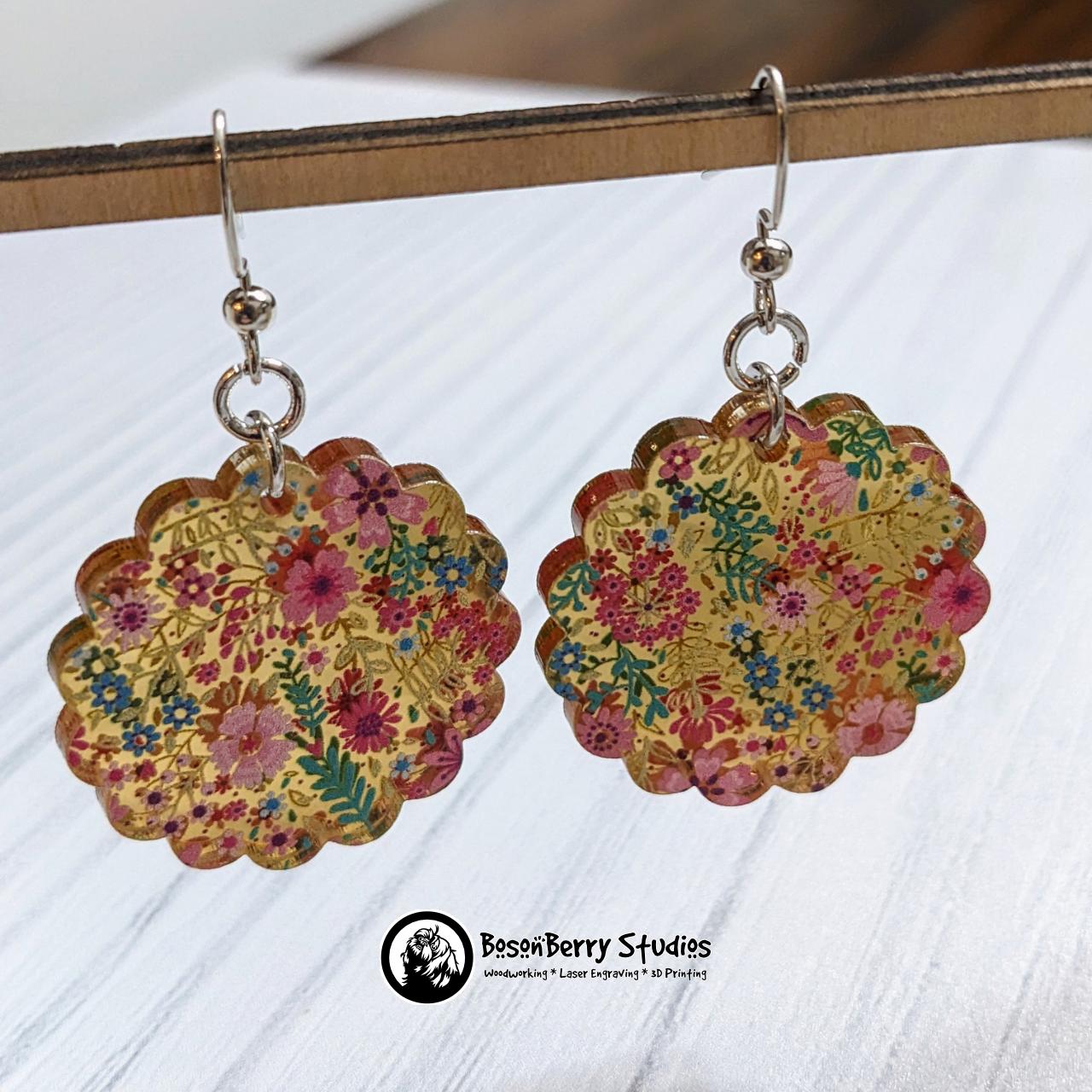 Pink Floral Gold-Mirrored Acrylic Earrings