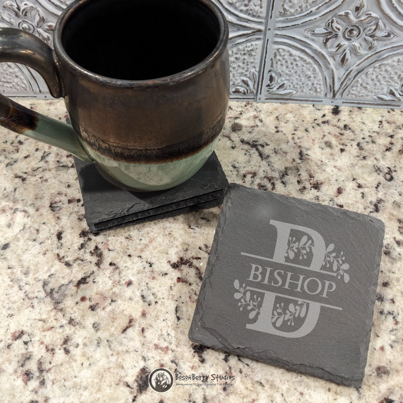 Leaves Sprig Monogram 4 Pack Slate Coasters