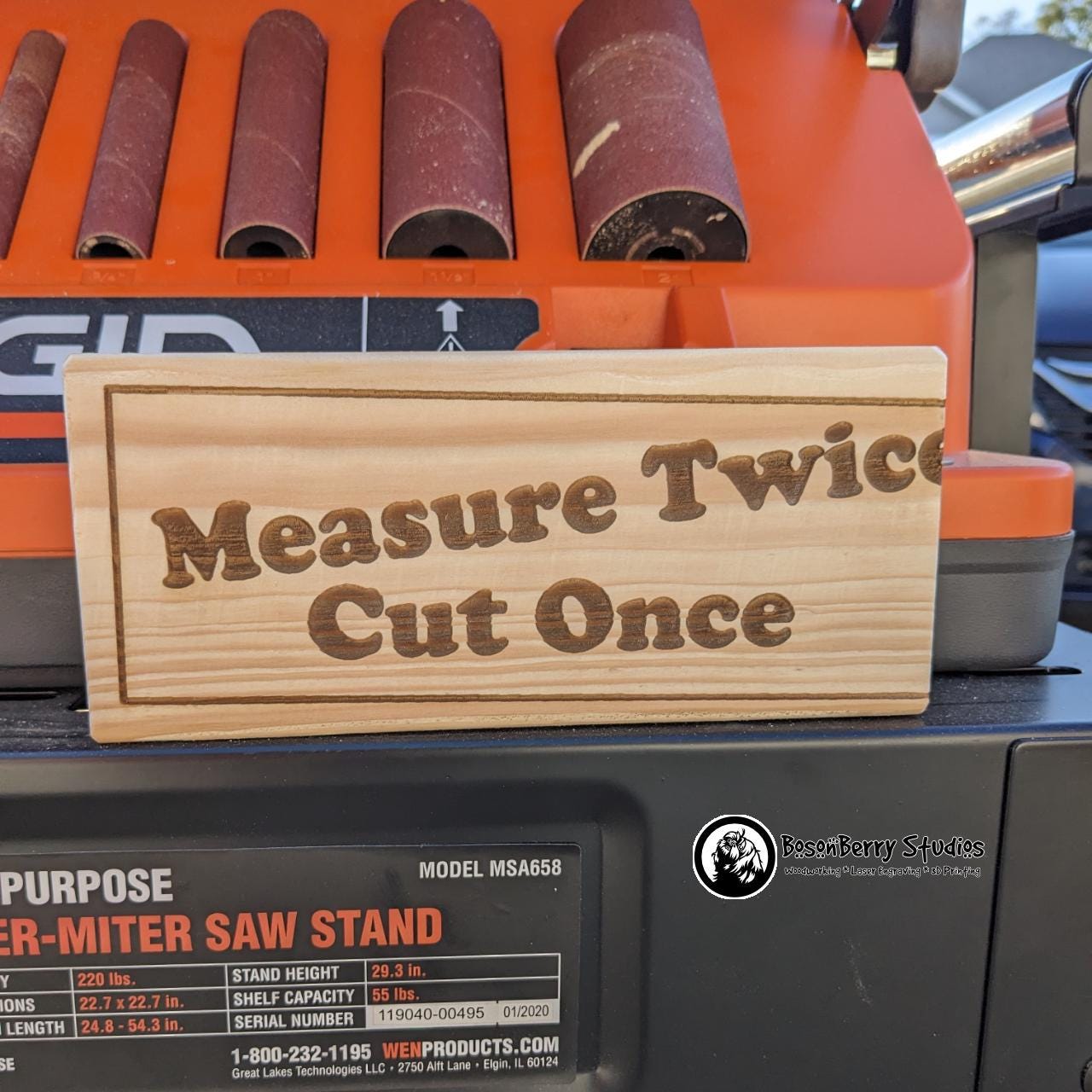 Wooden "Measure Twice, Cut Once" Shelf Sign