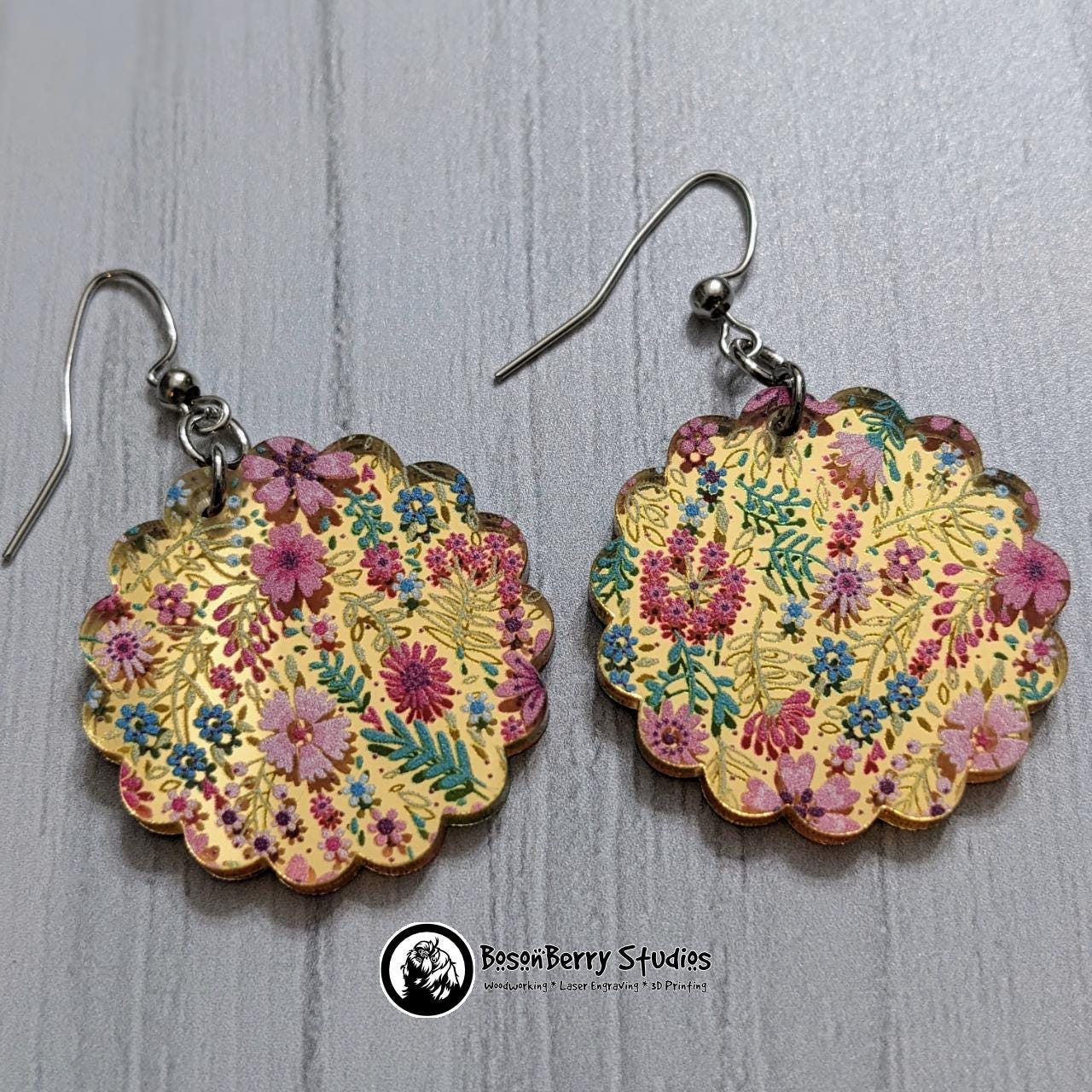 Pink Floral Gold-Mirrored Acrylic Earrings
