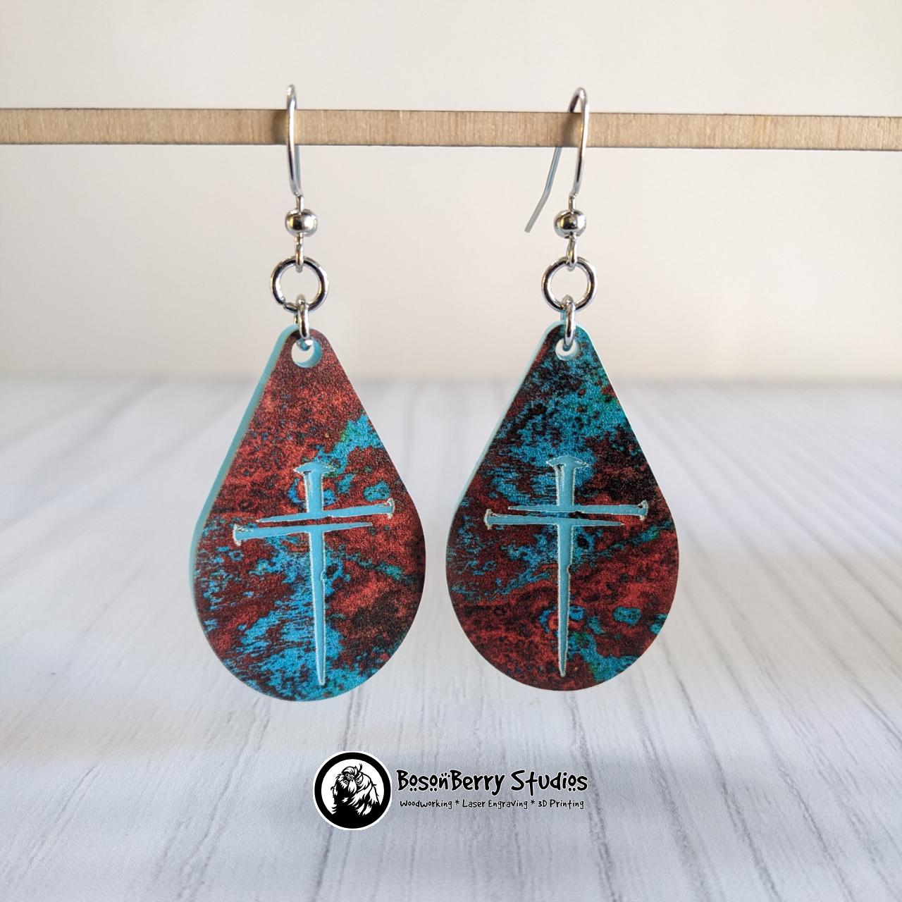 Copper on Turquoise Patterned Acrylic Earrings