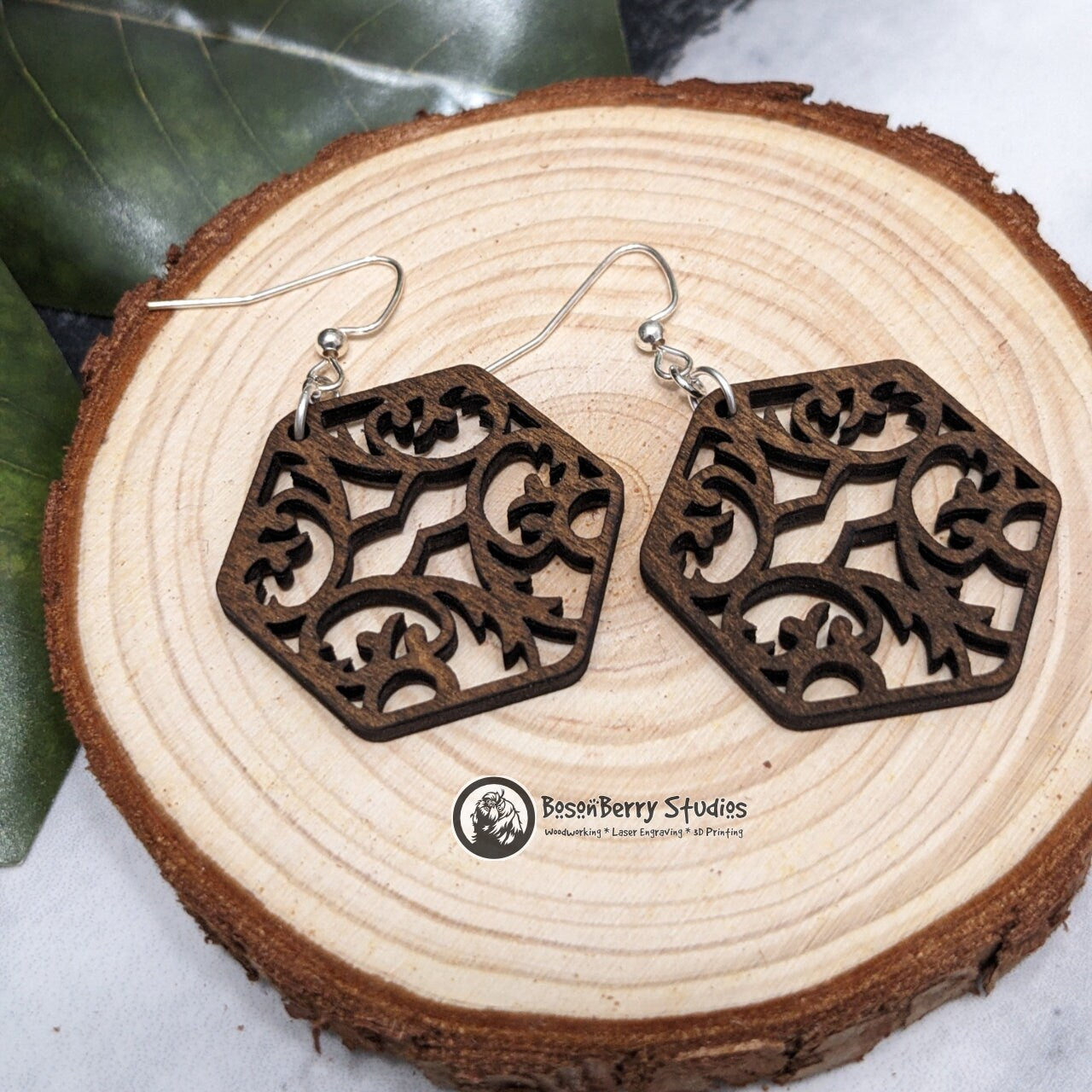 Elegant Damask Wooden Earrings: 3 Shapes