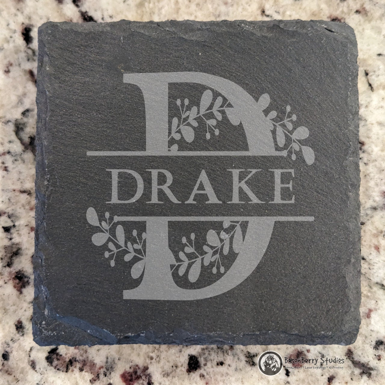 Leaves Sprig Monogram 4 Pack Slate Coasters
