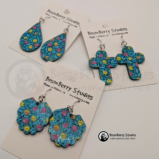 Cartoon Tulips on Teal Glitter Acrylic Earrings