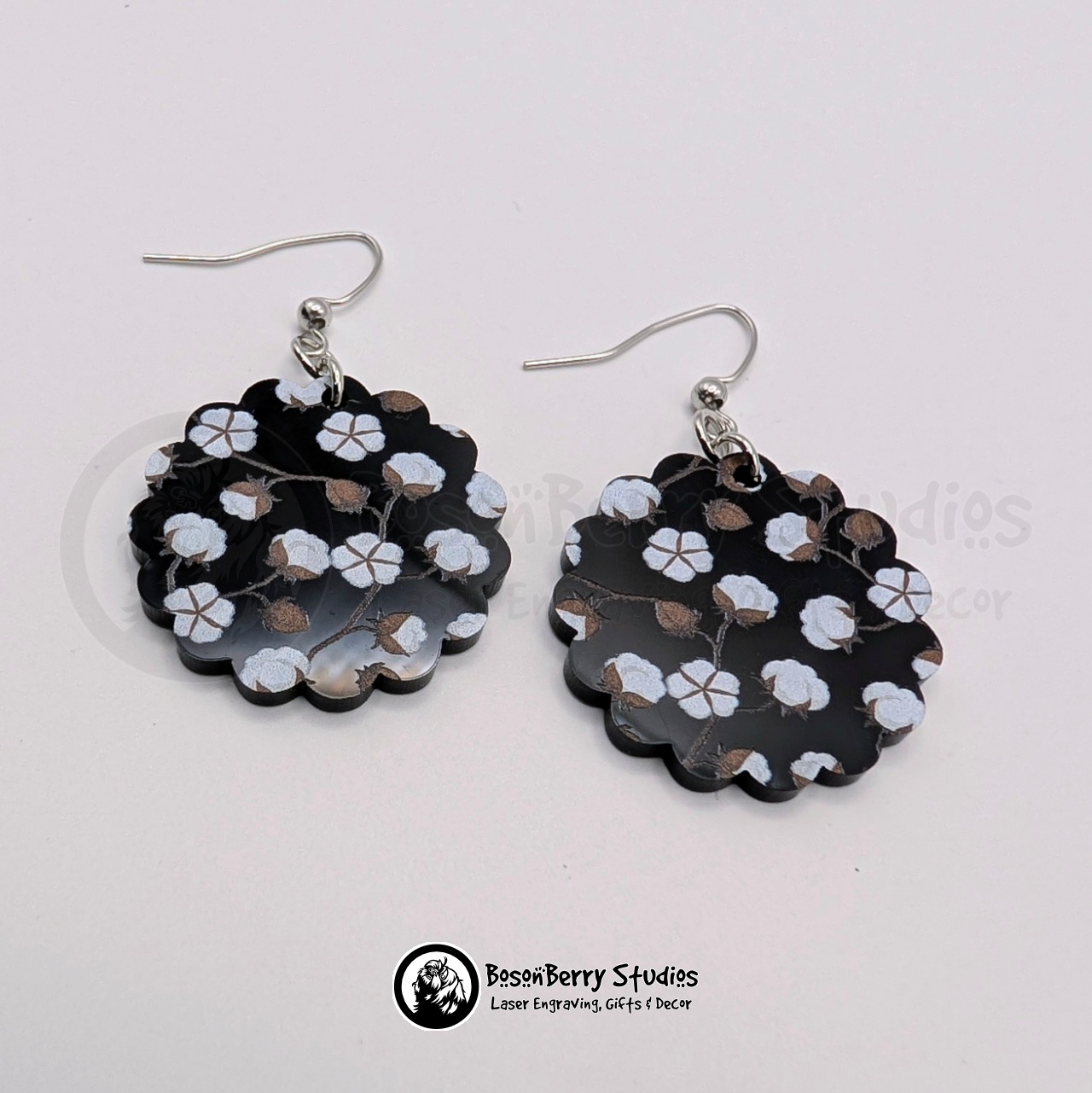 Cotton Blooms on Black Acrylic Earrings