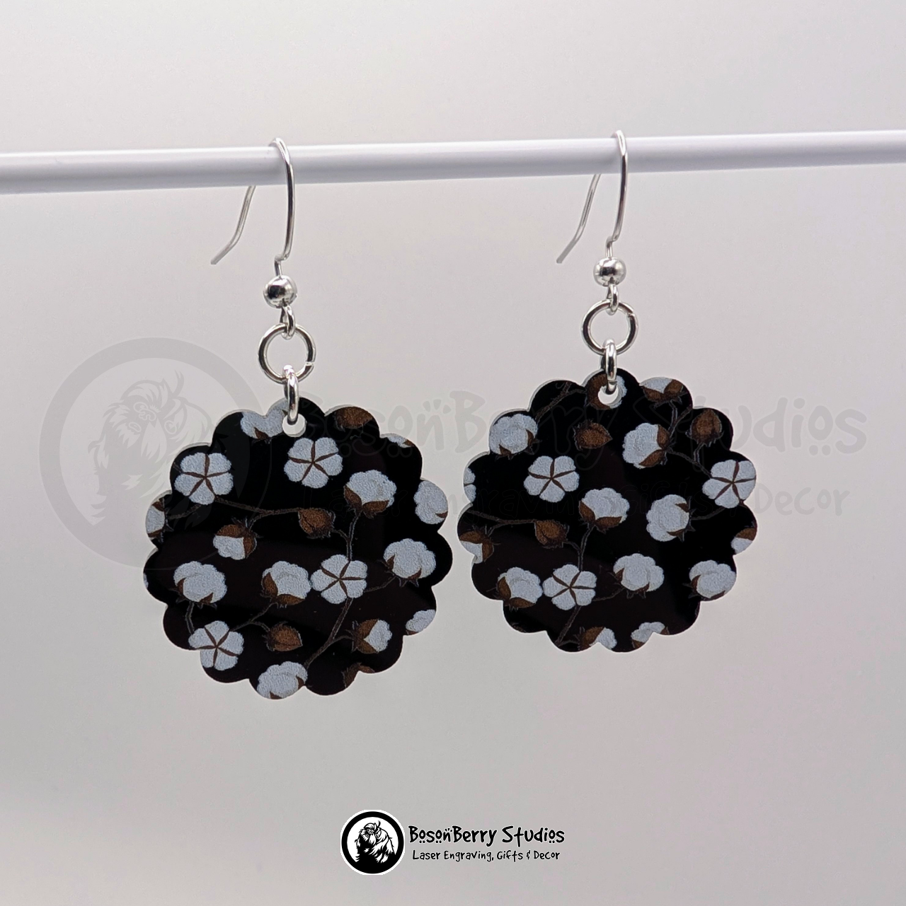 Cotton Blooms on Black Acrylic Earrings