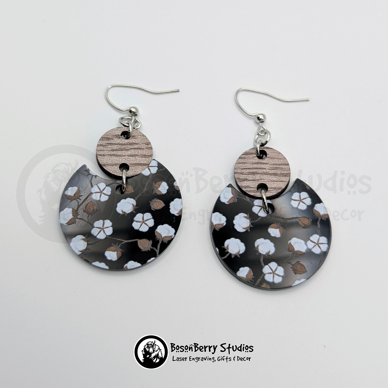 Cotton Blooms on Black Acrylic Earrings