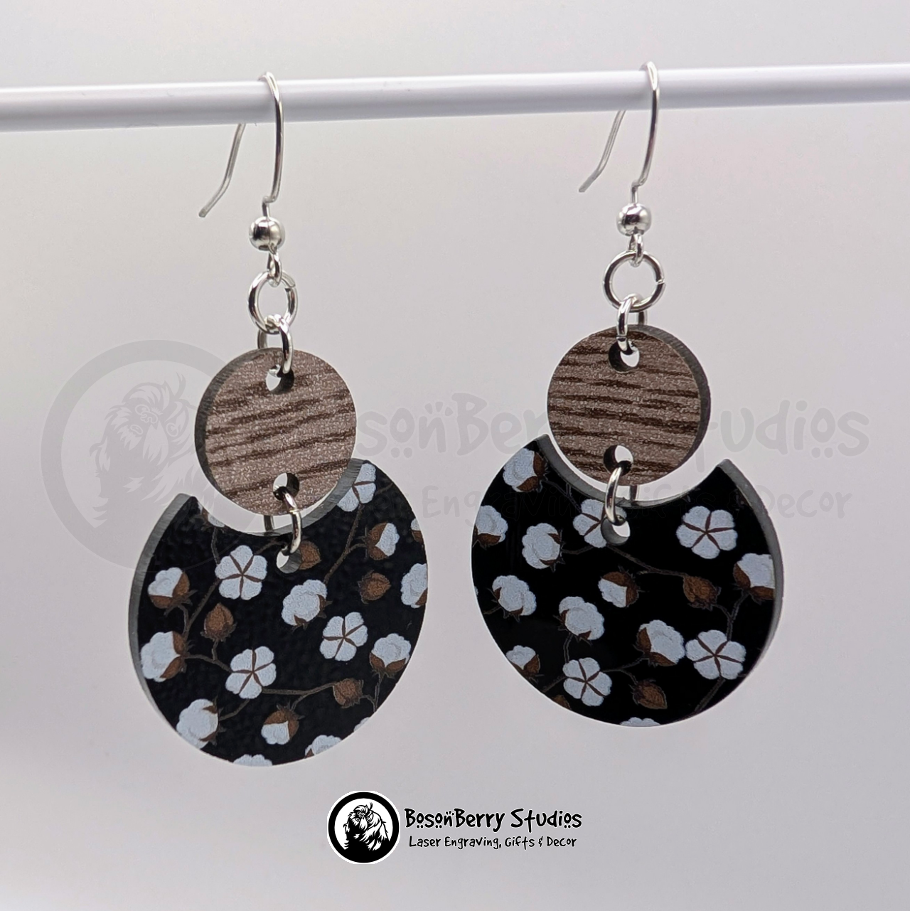 Cotton Blooms on Black Acrylic Earrings