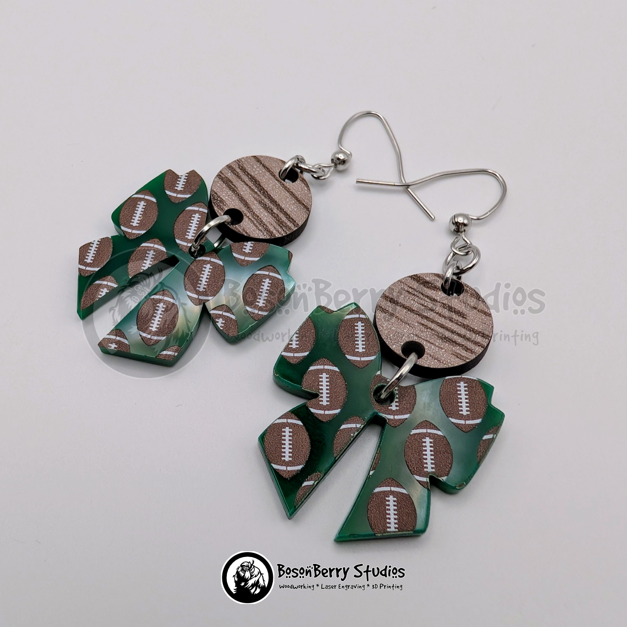 Footballs on Green Acrylic Earrings