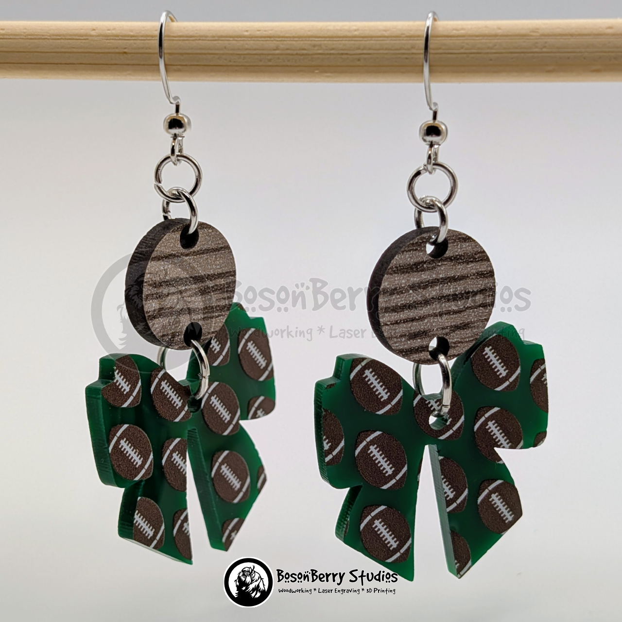 Footballs on Green Acrylic Earrings