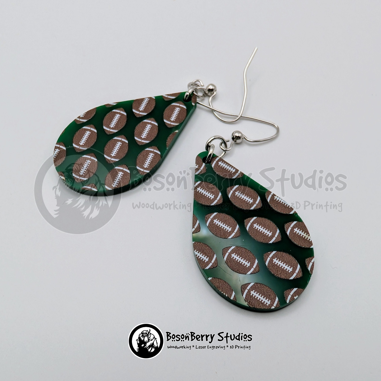 Footballs on Green Acrylic Earrings
