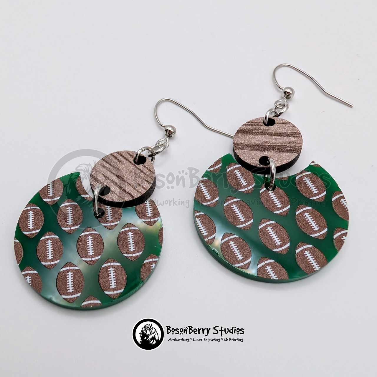Footballs on Green Acrylic Earrings
