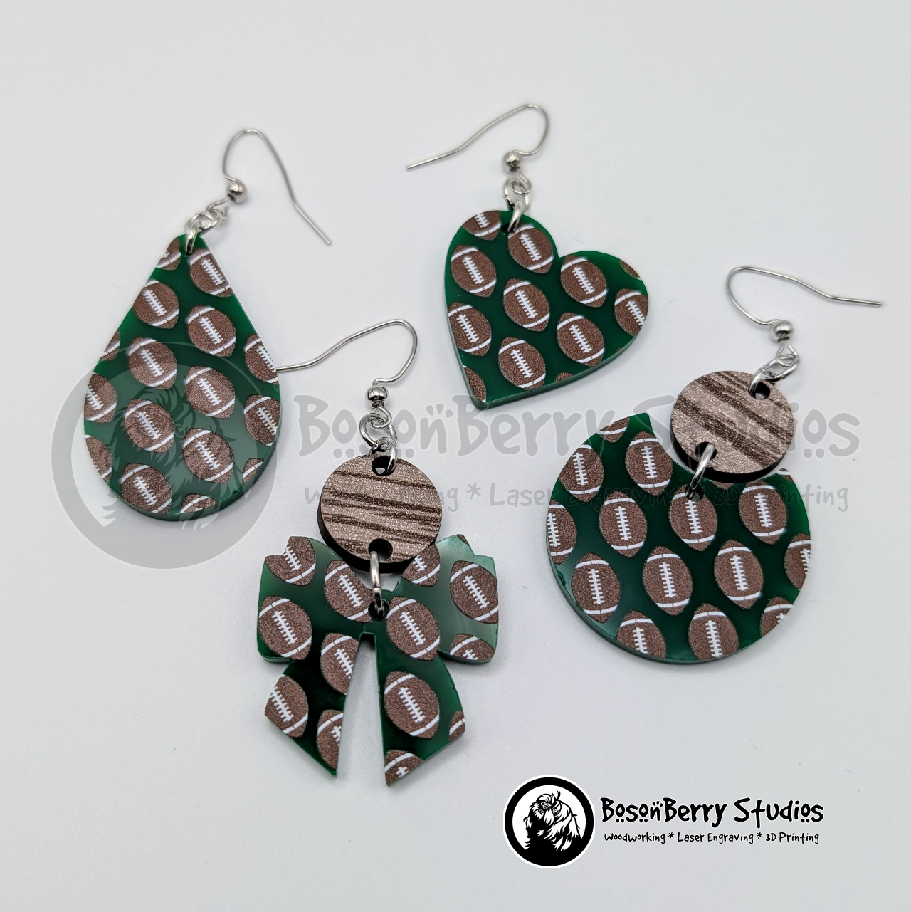 Footballs on Green Acrylic Earrings