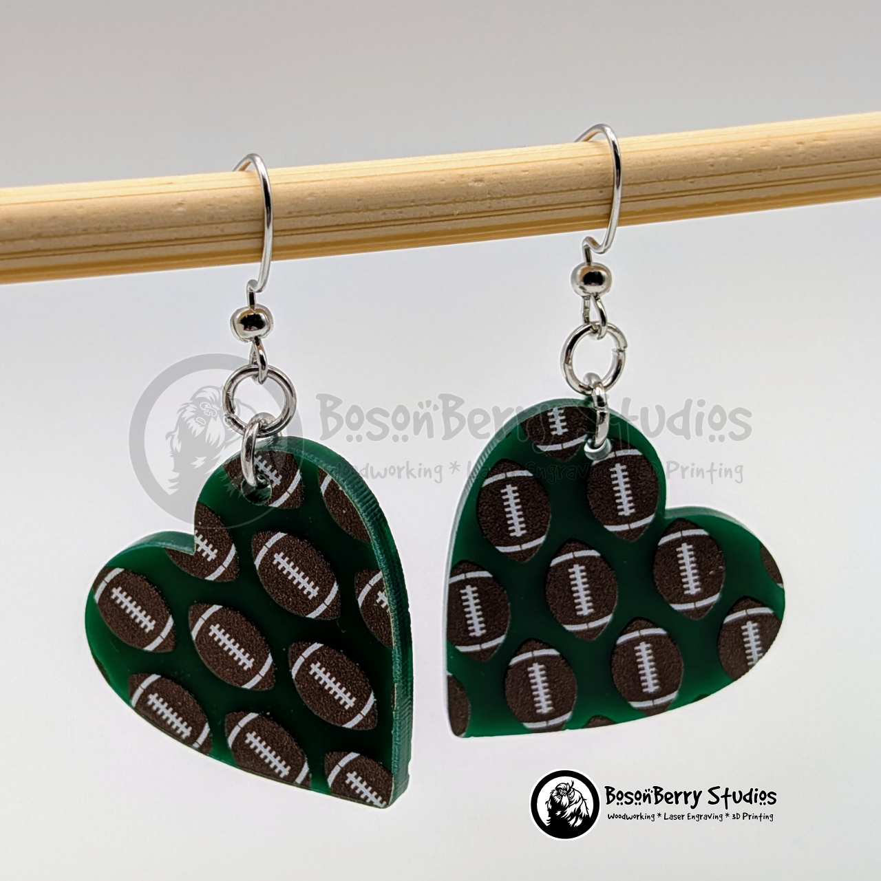 Footballs on Green Acrylic Earrings
