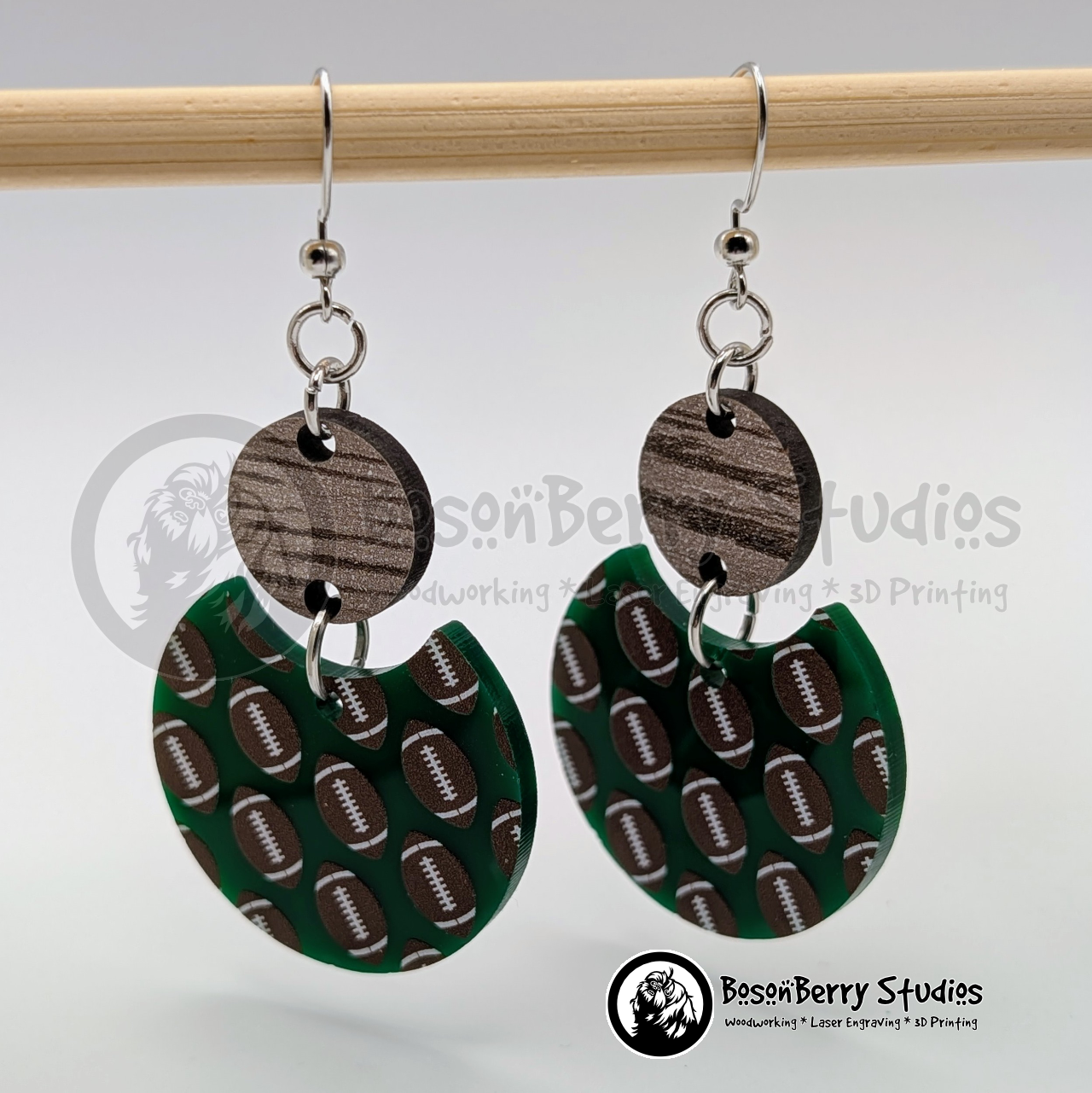 Footballs on Green Acrylic Earrings