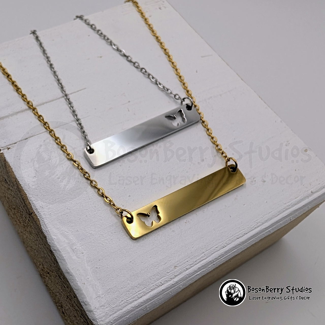 Horizontal Bar-Butterfly Cutout Necklace with Personalized Engraving