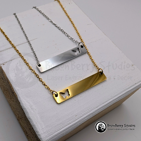 Horizontal Bar-Butterfly Cutout Necklace with Personalized Engraving