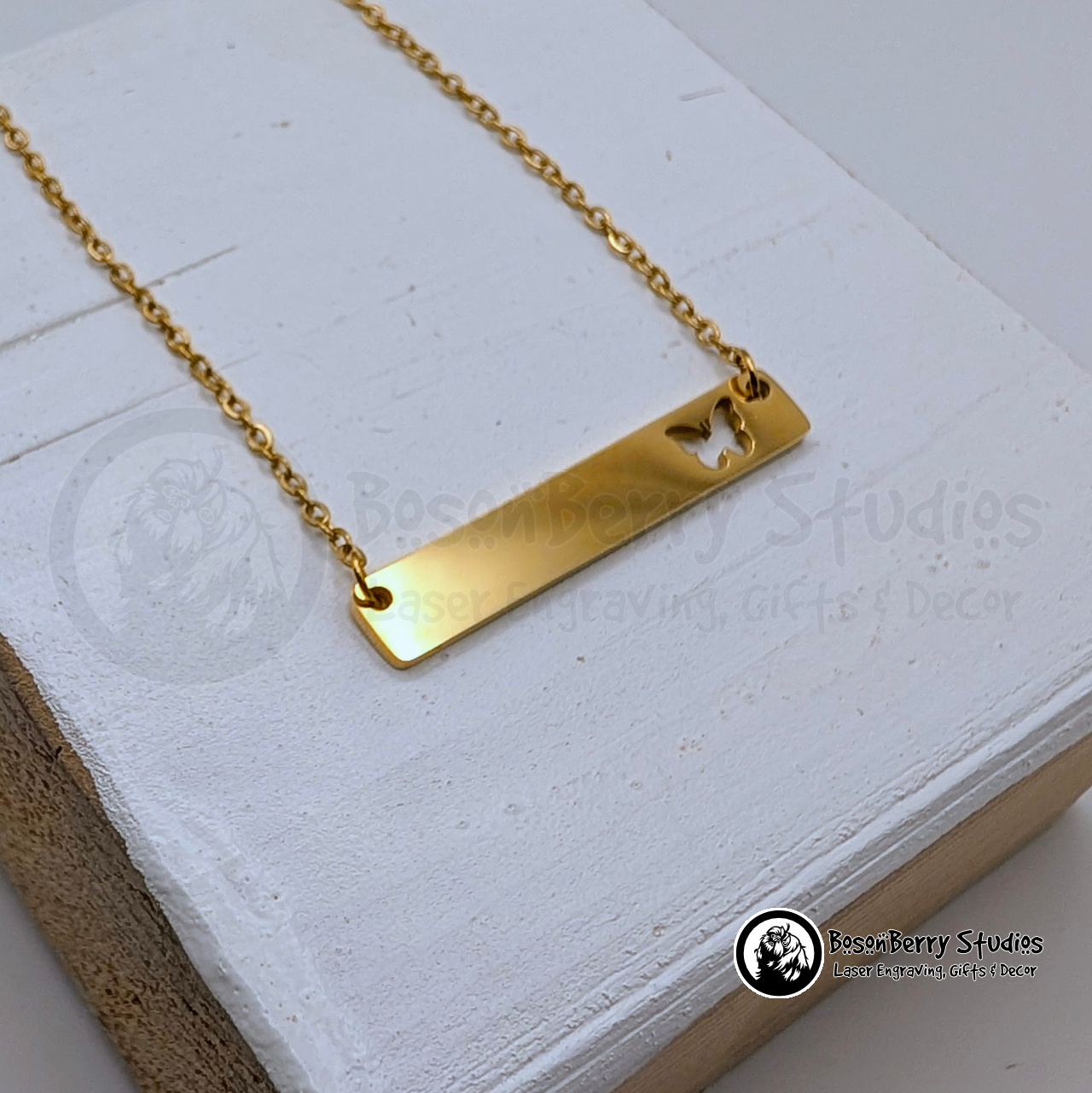 Horizontal Bar-Butterfly Cutout Necklace with Personalized Engraving