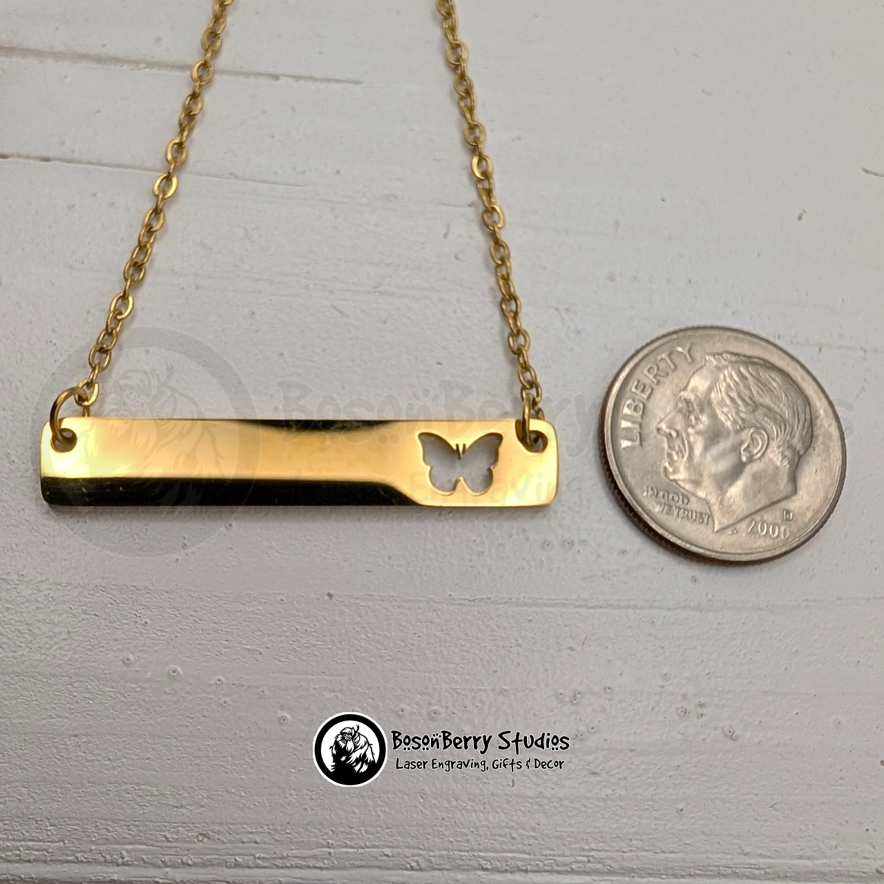 Horizontal Bar-Butterfly Cutout Necklace with Personalized Engraving