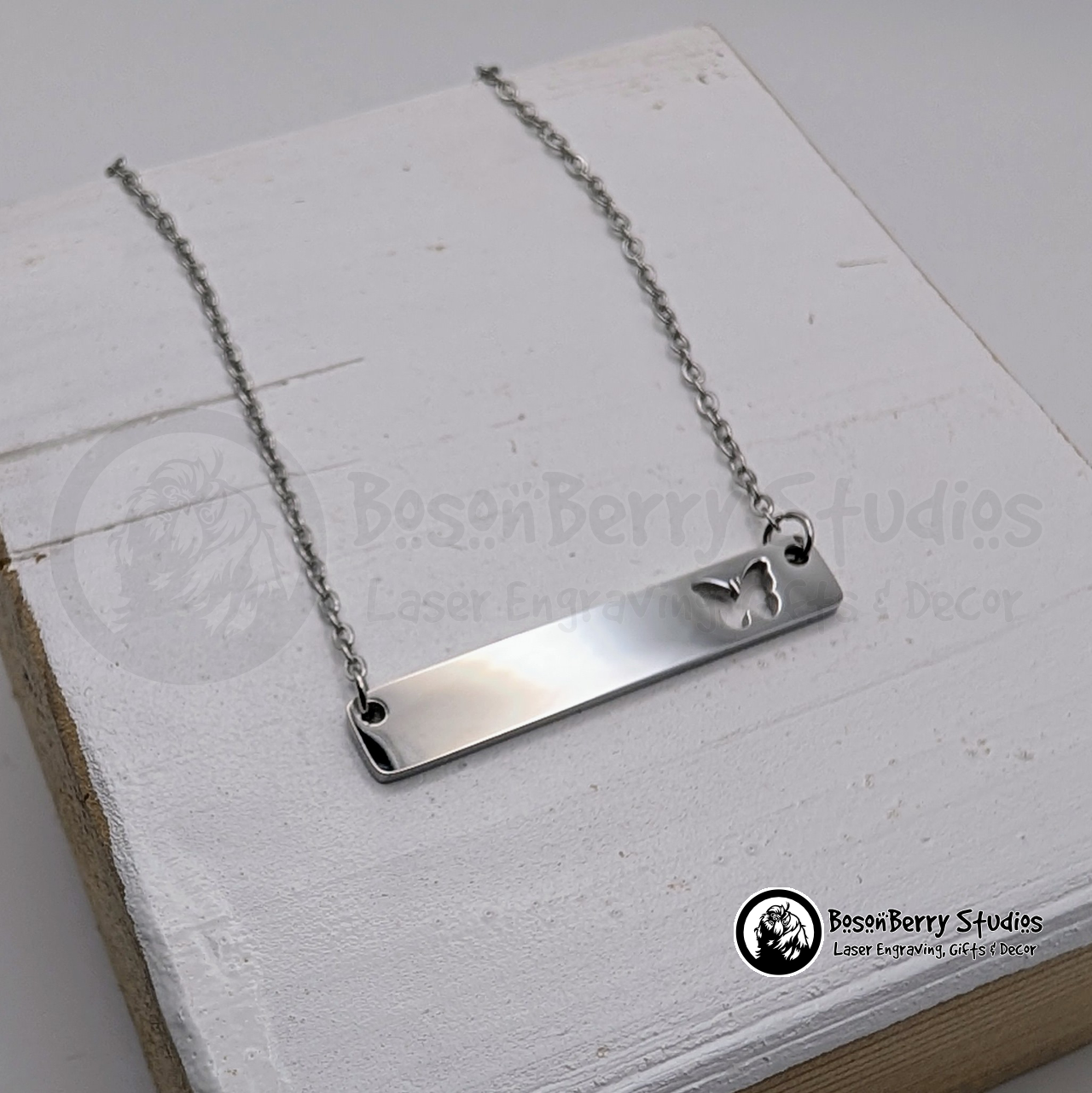 Horizontal Bar-Butterfly Cutout Necklace with Personalized Engraving