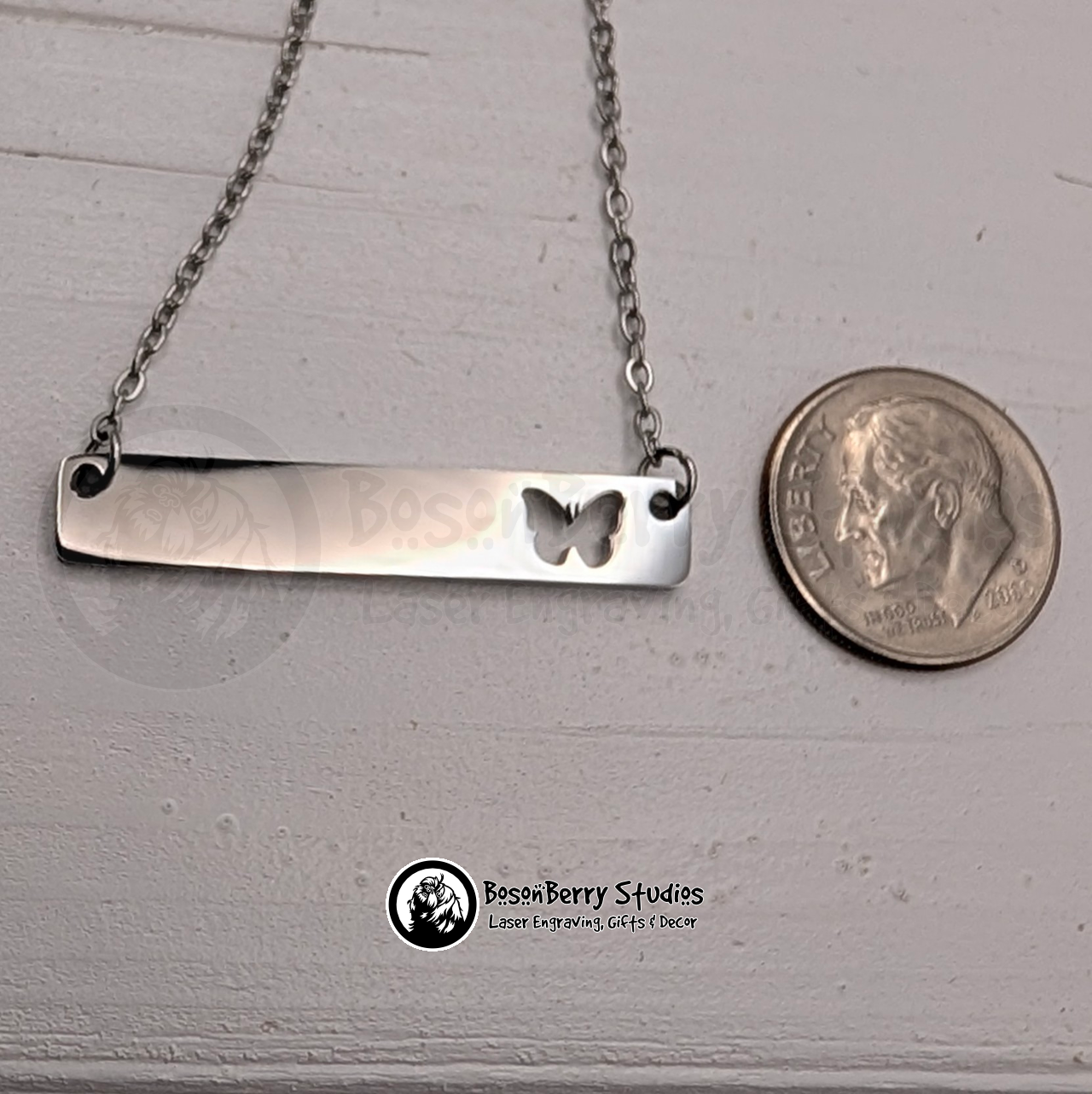Horizontal Bar-Butterfly Cutout Necklace with Personalized Engraving