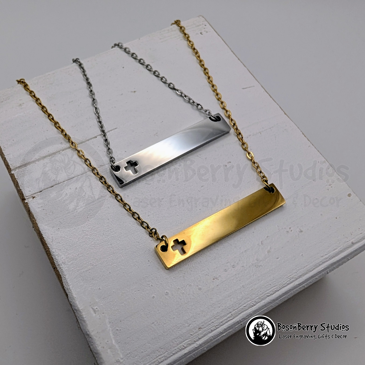 Horizontal Bar-Cross Cutout Necklace with Personalized Engraving