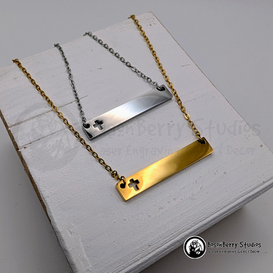Horizontal Bar-Cross Cutout Necklace with Personalized Engraving