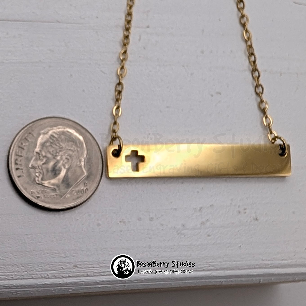 Horizontal Bar-Cross Cutout Necklace with Personalized Engraving