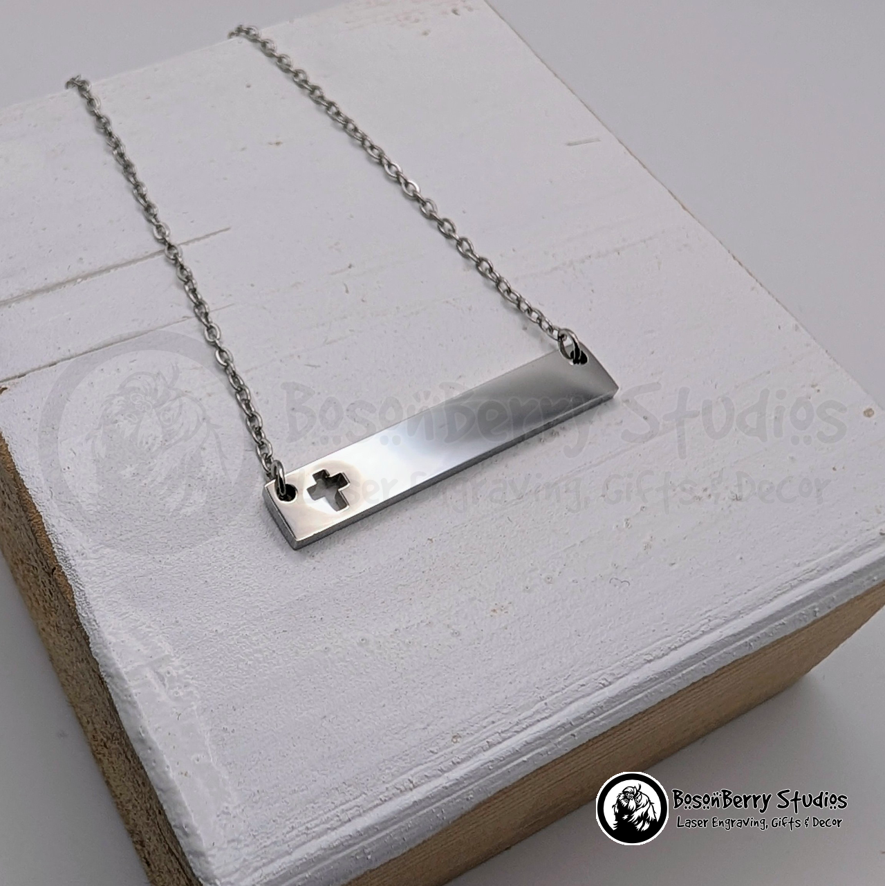 Horizontal Bar-Cross Cutout Necklace with Personalized Engraving