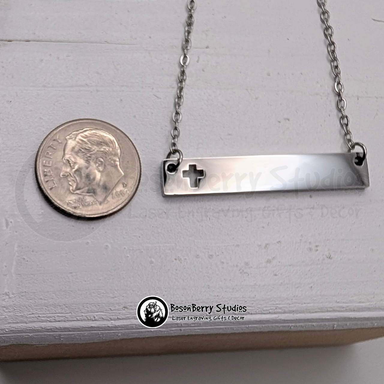 Horizontal Bar-Cross Cutout Necklace with Personalized Engraving