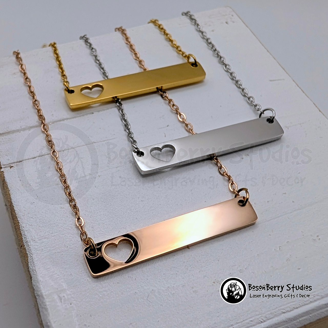 Horizontal Bar-Heart Cutout Necklace with Personalized Engraving