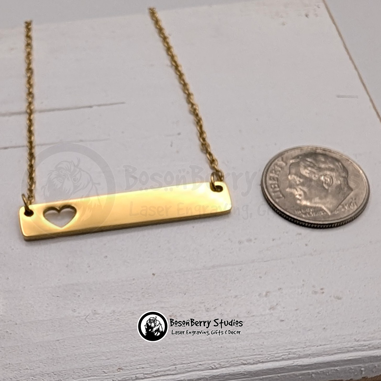 Horizontal Bar-Heart Cutout Necklace with Personalized Engraving