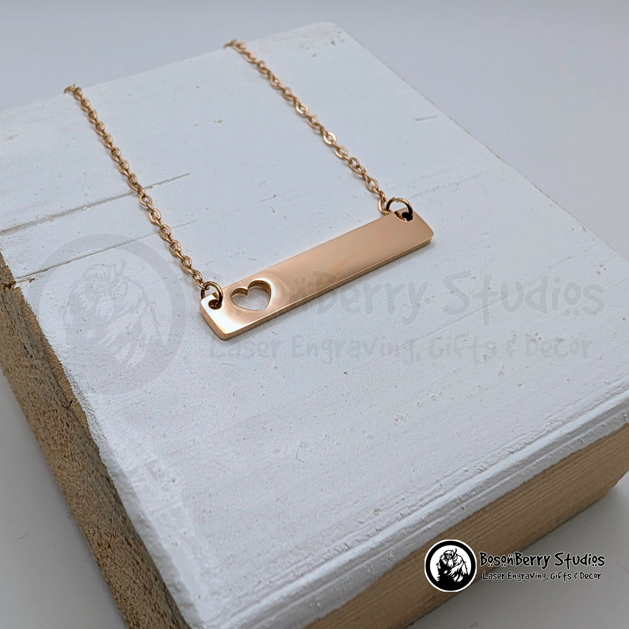 Horizontal Bar-Heart Cutout Necklace with Personalized Engraving