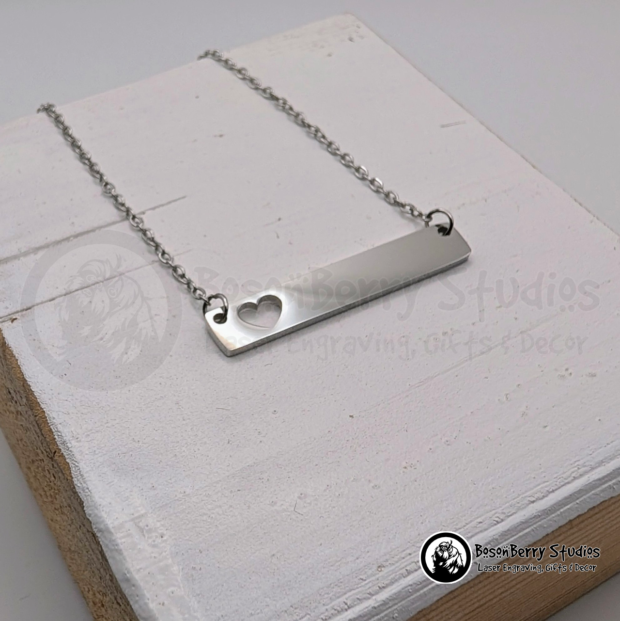 Horizontal Bar-Heart Cutout Necklace with Personalized Engraving