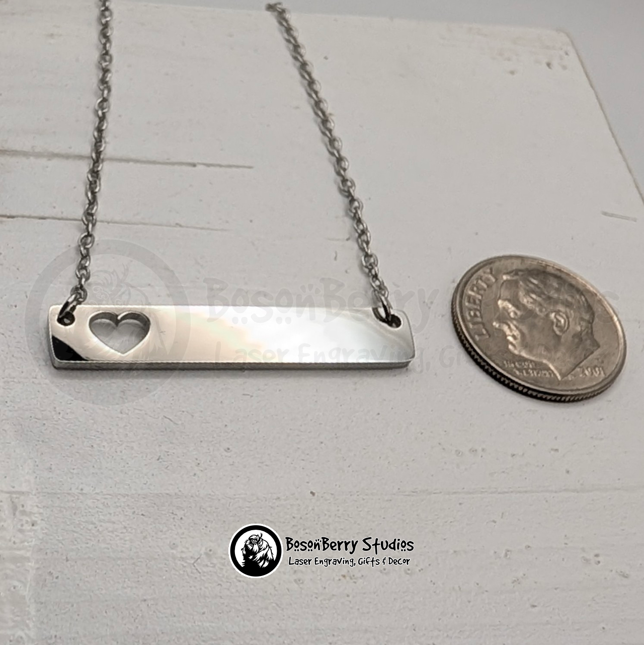 Horizontal Bar-Heart Cutout Necklace with Personalized Engraving