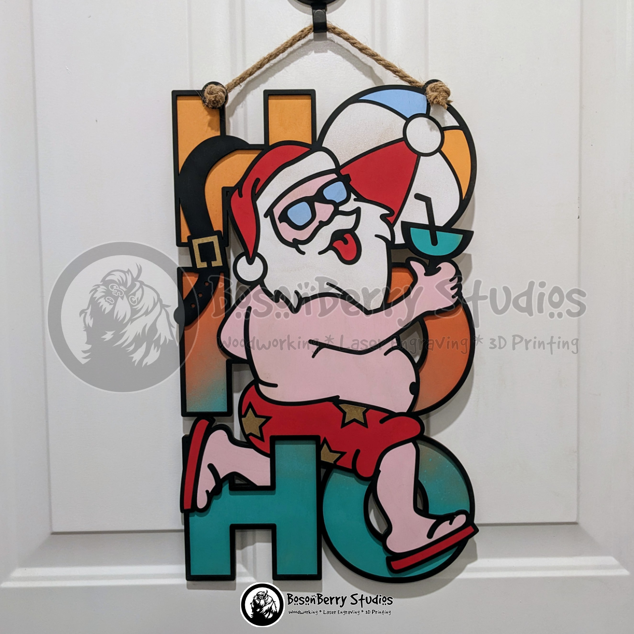 HoHoHo Beach Santa Christmas Wooden Door Hanger