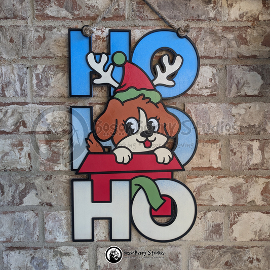 HoHoHo Puppy Present Christmas Wooden Door Hanger