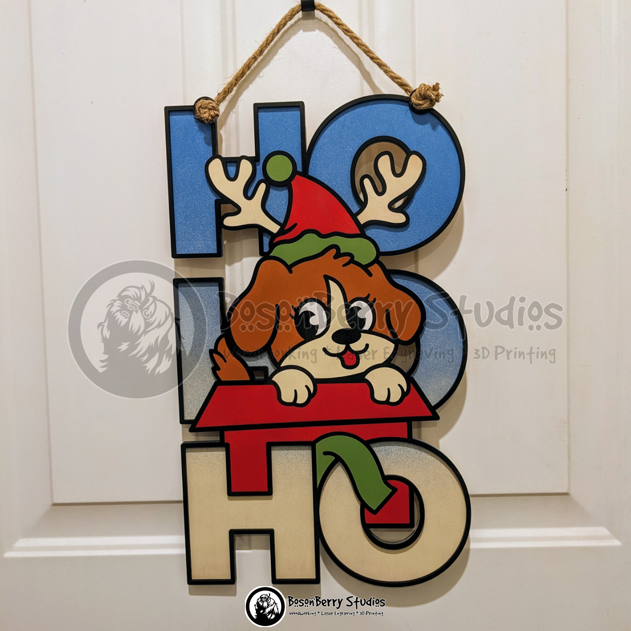 HoHoHo Puppy Present Christmas Wooden Door Hanger
