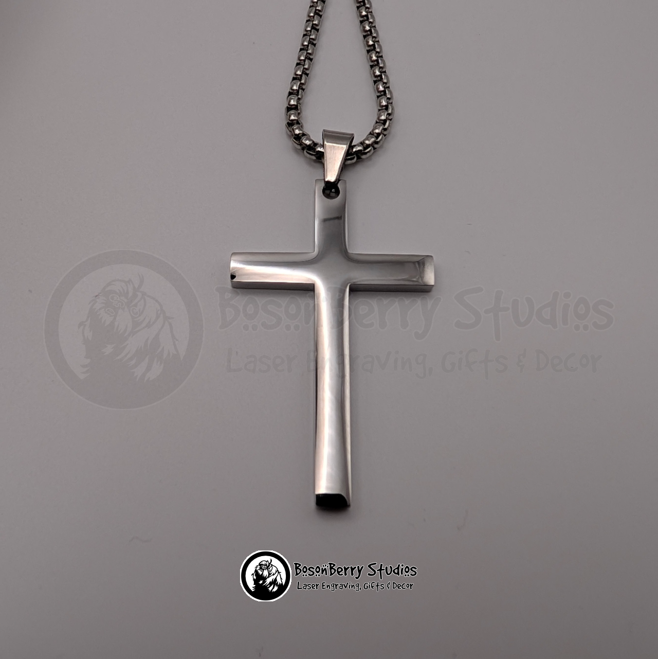 Silver large cross pendant on a white background with 'BosonBerry Studios' branding.