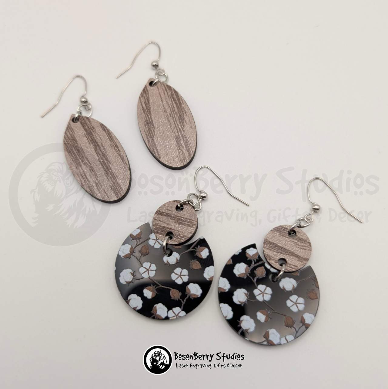 Cotton Blooms on Black Acrylic Earrings