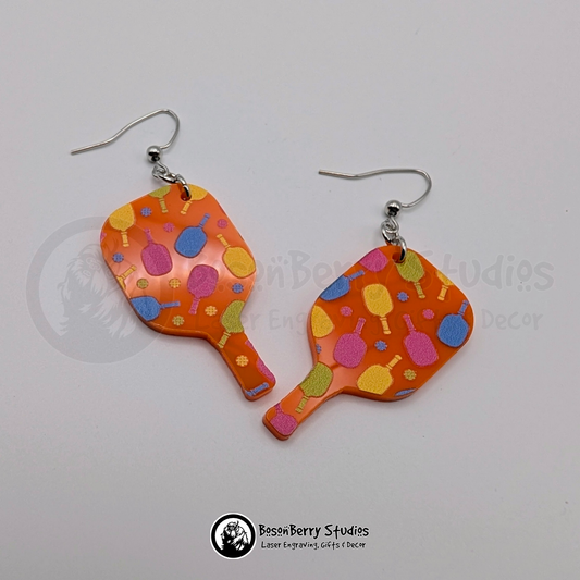 Pickleball on Orange Acrylic Earrings