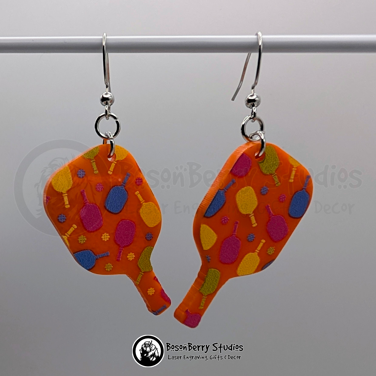 Pickleball on Orange Acrylic Earrings