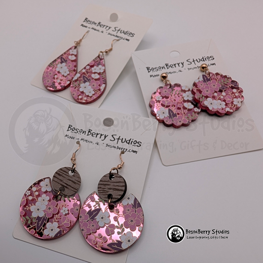 Pink Cherry Blossoms on Pink-Mirror Acrylic Earrings