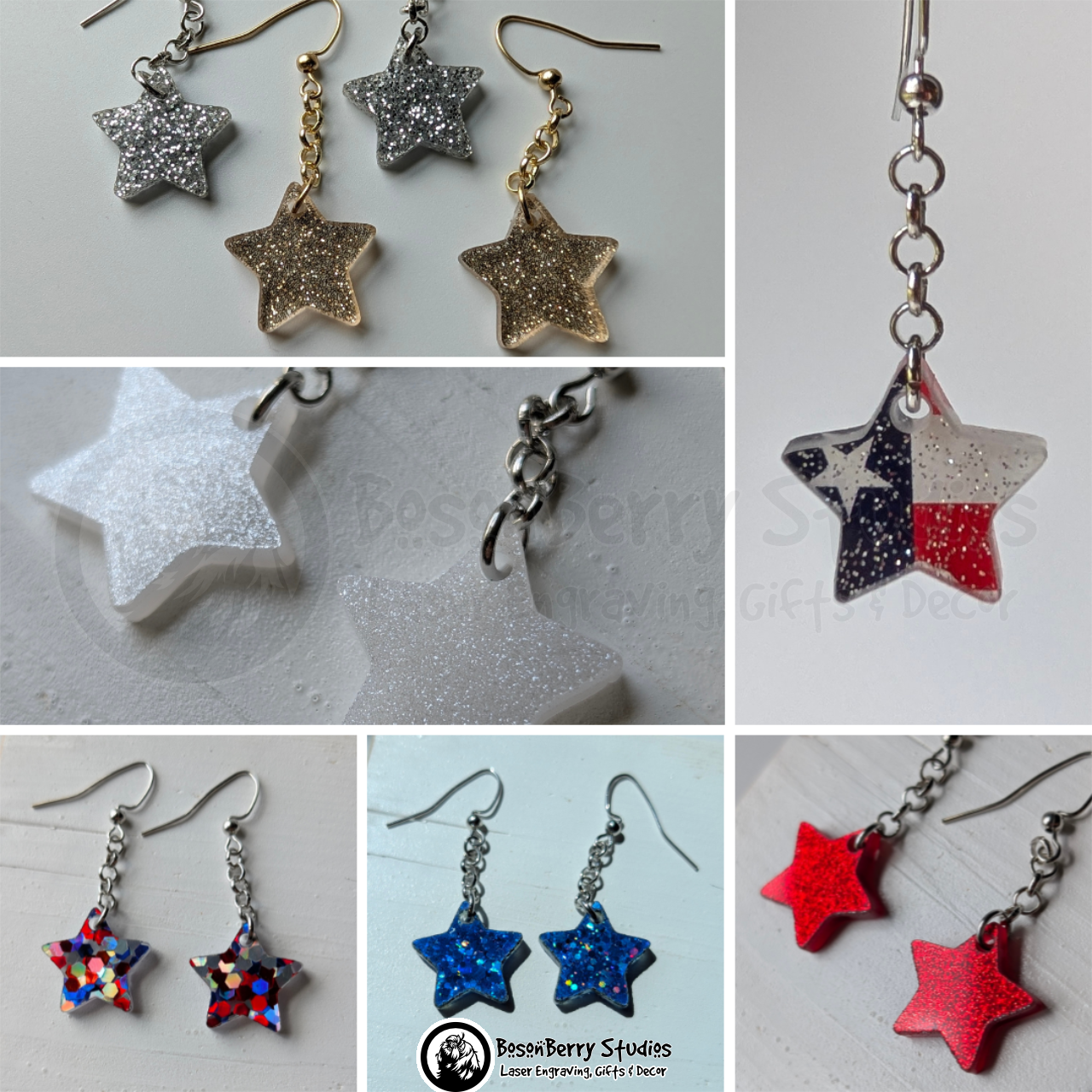 Collage of glitter star-shaped dangle earrings in various colors and designs on a neutral background with BosonBerry Studios branding.