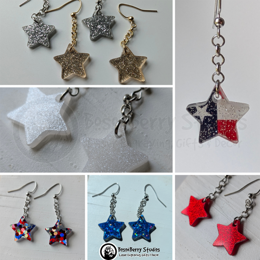 Collage of glitter star-shaped dangle earrings in various colors and designs on a neutral background with BosonBerry Studios branding.