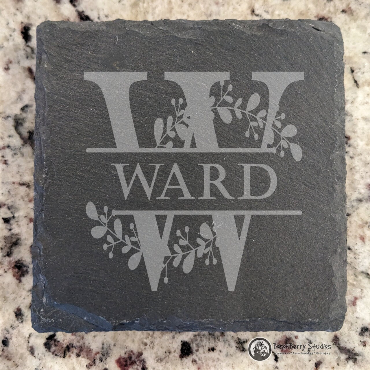 Leaves Sprig Monogram 4 Pack Slate Coasters